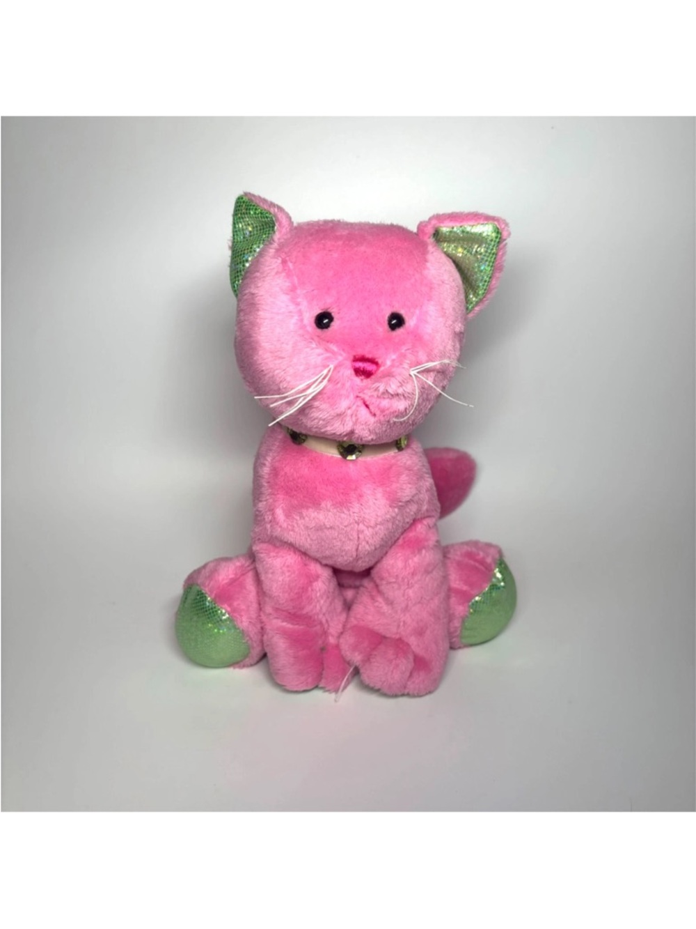 GANZ Sparkle scene kitty  Pink Plush Cat Toy with Green Shimmer Ears & Paws HTF